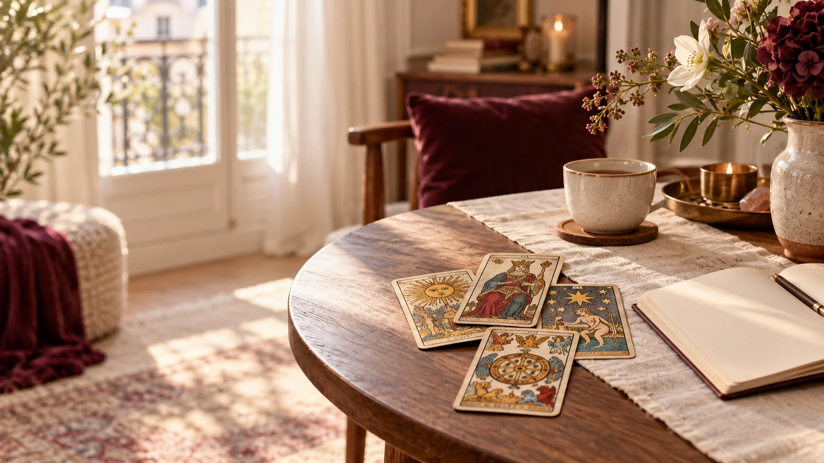 Cartes de tarot sur une table en bois, carnet ouvert et fleurs dans une pièce lumineuse